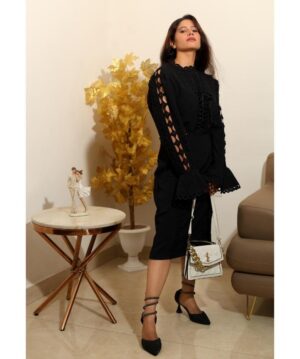 Elegant Black Lace Slit Dress for Women–Designer Knee Length Party Wear