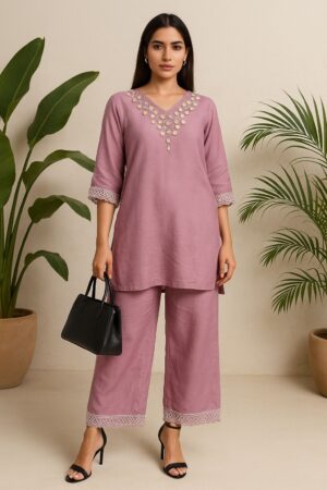 Elegant Pink Co-Ord Set for Women with Embroidered Neckline