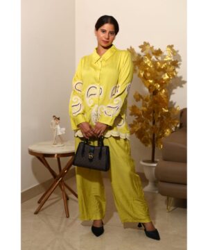 Yellow co-ord set for women with embroidery on shirt and wide-leg pants