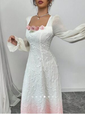 Ombre white and pink maxi length dress for women – elegant party & casual wear