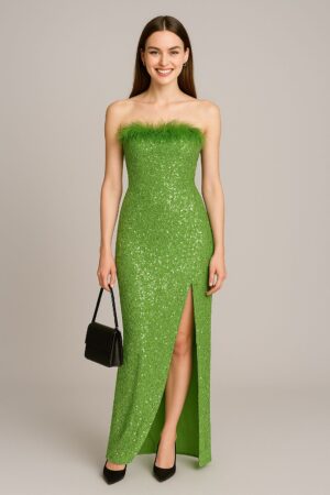 Green Off-Shoulder Side Slit Sequins Dress
