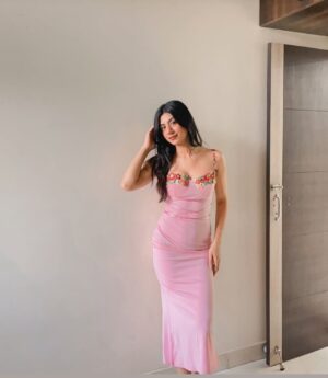 pink bodycon with floral lace work on neck