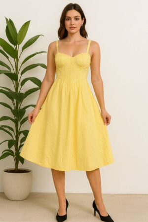 yellow sleeveless fit and flair dress