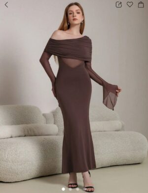 Brown Off-Shoulder Maxi Bodycon Dress – Elegant Formal Wear