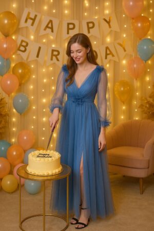 Blue Birthday Gown with 3D Floral Embellishments – Elegant Bush Silhouette