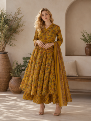 Yellow Floral Anarkali Suit for Women