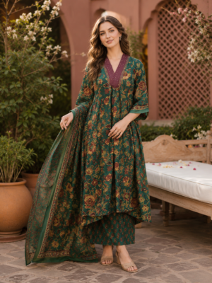 Green Floral Anarkali Suit for Women