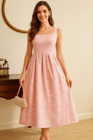 bhuvi styles Pink Self-Textured Calf-Length Dress