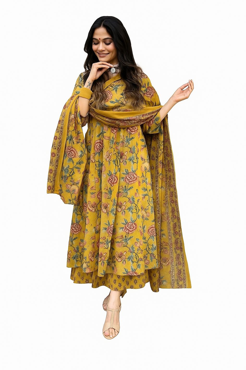 Yellow Floral Anarkali Suit for Women