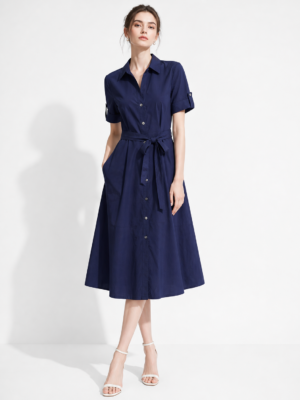 Women Navy Blue Shirt Collar Midi Dress with Belt