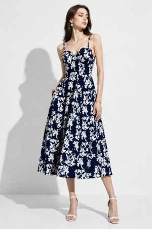 Blue & White Floral Printed Sweetheart Neck Midi Dress