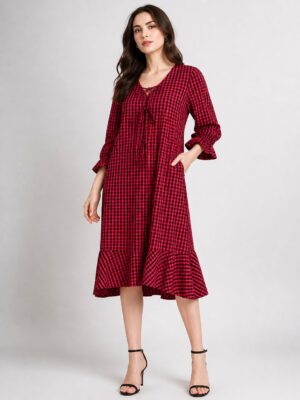 Red & Black Checked Flared Midi Dress