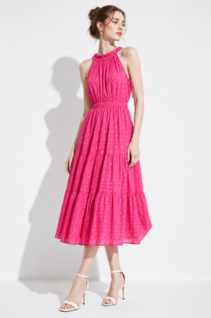 Pink Halter Neck Tiered Midi Dress