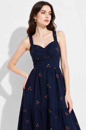Navy Blue Cherry Print Fit & Flare Midi Dress