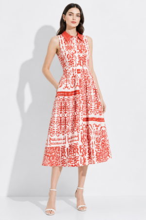 Red & White Printed Collared Sleeveless Midi Dress
