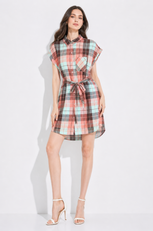Peach & Mint Checked Belted Shirt Mini Dress