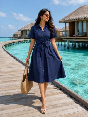 Women Navy Blue Shirt Collar Midi Dress with Belt